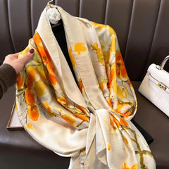  Showlu Fashion Store Women Fashion Print Silk Scarf Luxury Brand Warm 180X90CM Scarves Popular Lrage Satin Finish Shawl The Four Seasons Design Hijab