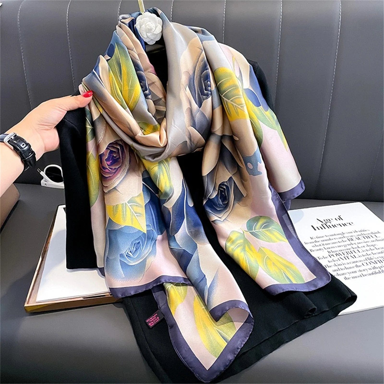  Showlu Fashion Store Women Fashion Print Silk Scarf Luxury Brand Warm 180X90CM Scarves Popular Lrage Satin Finish Shawl The Four Seasons Design Hijab