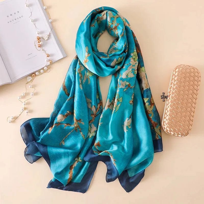  Showlu Fashion Store Women Fashion Print Silk Scarf Luxury Brand Warm 180X90CM Scarves Popular Lrage Satin Finish Shawl The Four Seasons Design Hijab