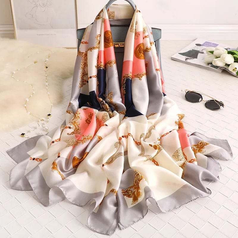  Showlu Fashion Store Women Fashion Print Silk Scarf Luxury Brand Warm 180X90CM Scarves Popular Lrage Satin Finish Shawl The Four Seasons Design Hijab