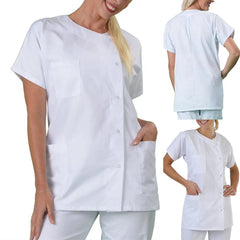  Showlu Fashion Store Women Men Medical Dress Hospital Lab Coat Workwear Tops Uniform Collarless Short Sleeve Unisex Nurse Doctor Outfit Costume Coats