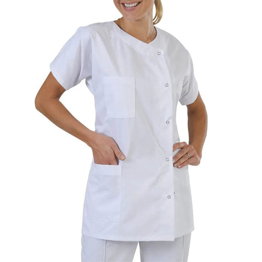  Showlu Fashion Store Women Men Medical Dress Hospital Lab Coat Workwear Tops Uniform Collarless Short Sleeve Unisex Nurse Doctor Outfit Costume Coats