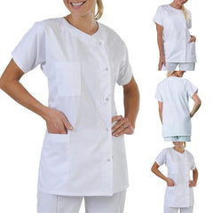  Showlu Fashion Store Women Men Medical Dress Hospital Lab Coat Workwear Tops Uniform Collarless Short Sleeve Unisex Nurse Doctor Outfit Costume Coats