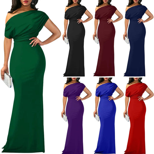  Showlu Fashion Store Women Oblique Shoulder Slim Folds Long Dress Elegant Evening Party Floor Length Dresses Vestido de festa