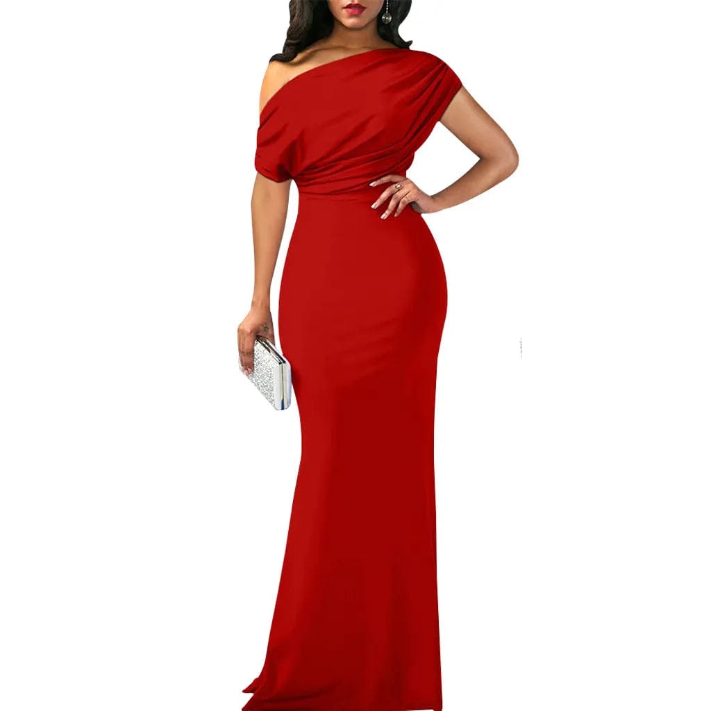  Showlu Fashion Store Women Oblique Shoulder Slim Folds Long Dress Elegant Evening Party Floor Length Dresses Vestido de festa