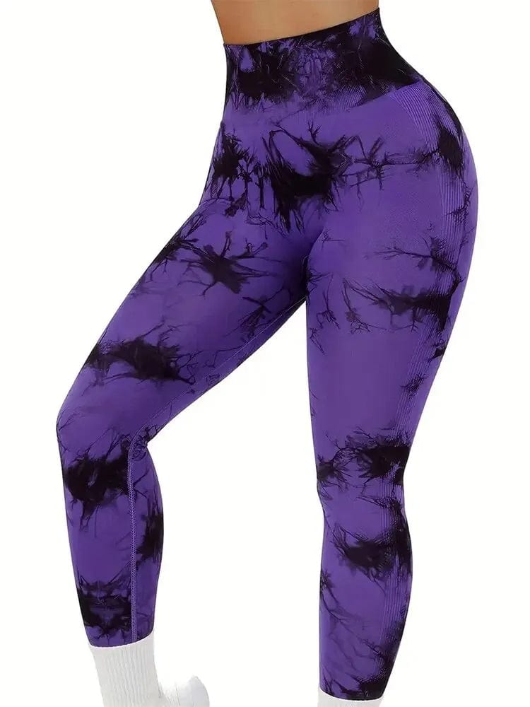  Showlu Fashion Store Women's 3-Piece Tie-Dye Hip Lift Yoga Pants Exercise High-Waisted Pleated Fitness Pants