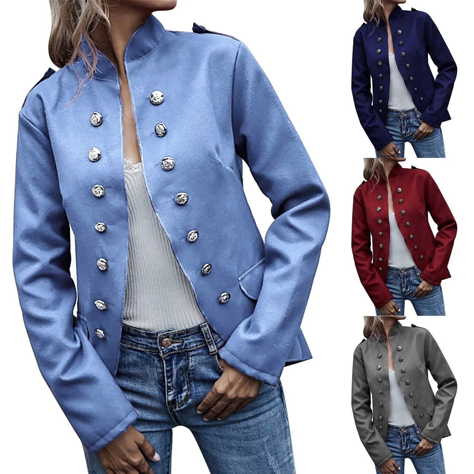 SHOWLU FASHION STORE Women's Autumn And Winter New in Outwear Solid Color stand collar Casual Fashion Suit Coat Double Row Button  Business Jacket