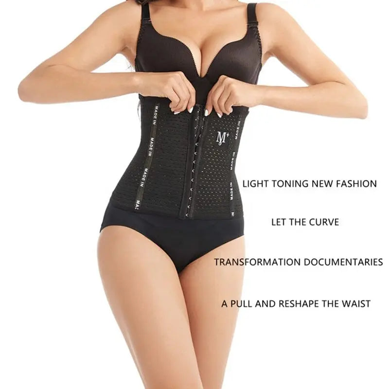 Showlu Women's Waist Trainer Corset and Mesh Body Shaper for weight loss, shaping an hourglass figure.