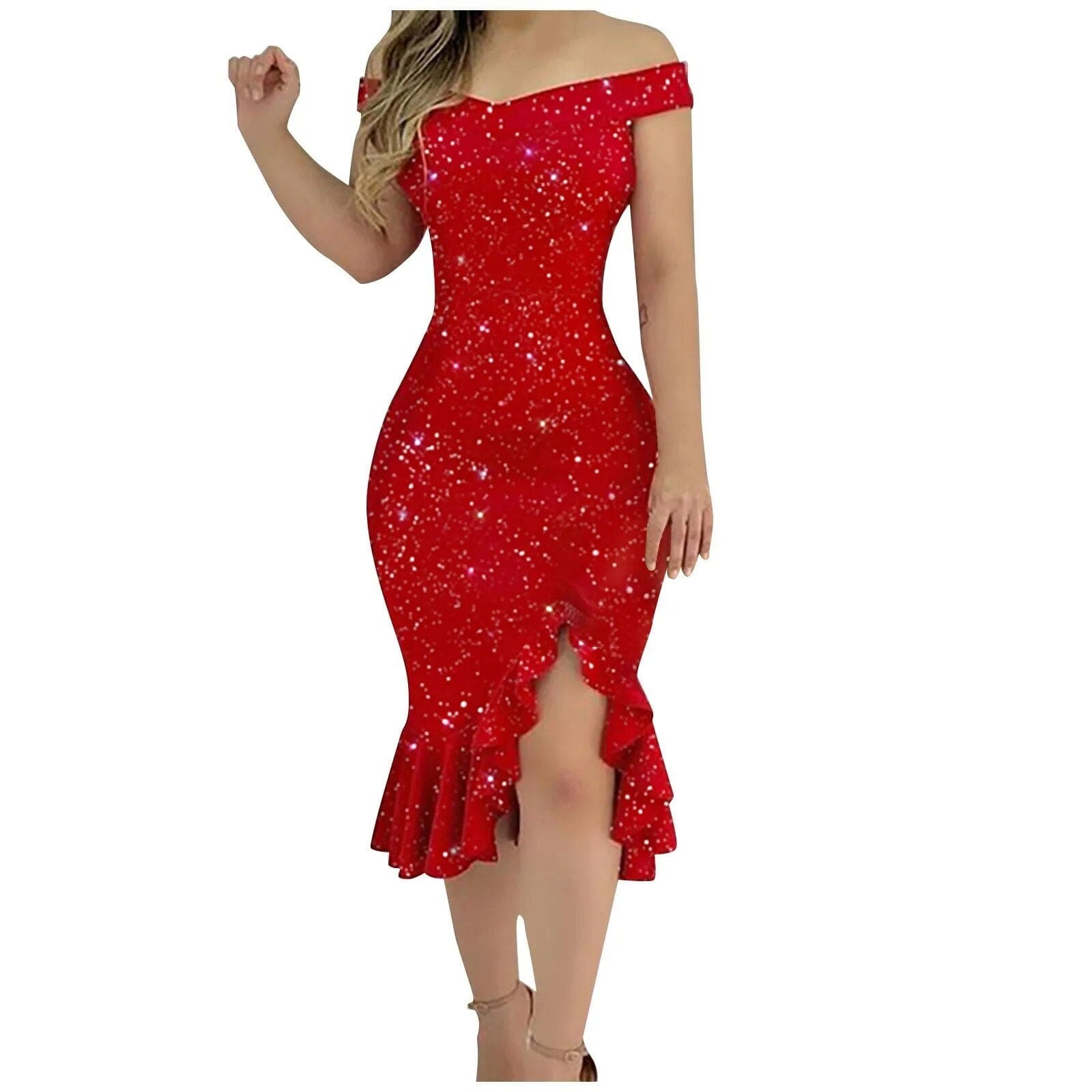 Showlu Fashion Store Women's dress summer Fashion Sexy Summer Off Shoulder  Short Sleeve Sequin Ruffle Irregular Dresses 2023 vestidos para mujer