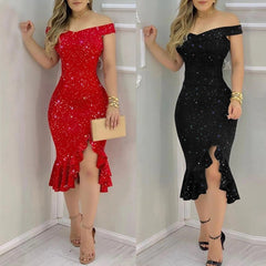 Showlu Fashion Store Women's dress summer Fashion Sexy Summer Off Shoulder  Short Sleeve Sequin Ruffle Irregular Dresses 2023 vestidos para mujer