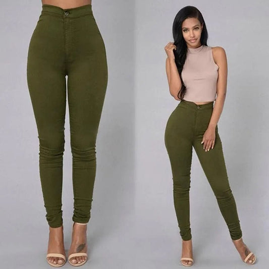  Showlu Fashion Store Women's Fashion Plain Color Skinny Jeans Zipper Trousers Casual High Waist Leggings Stretch Push Up Pencil Feet Pants Bottoms