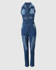  Showlu Fashion Store Women's Jumpsuit 2023 Spring Fashion Buttoned Cutout Ripped Skinny Turn-Down Collar Sleeveless Denim Jumpsuit Y2K Streetwear