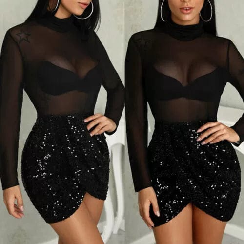  Showlu Fashion Store Women's Sequined See-through Wrap-Arm Dress Fashionable Sequins See-through Arm Covering Dress