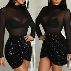  Showlu Fashion Store Women's Sequined See-through Wrap-Arm Dress Fashionable Sequins See-through Arm Covering Dress