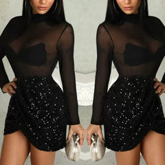  Showlu Fashion Store Women's Sequined See-through Wrap-Arm Dress Fashionable Sequins See-through Arm Covering Dress