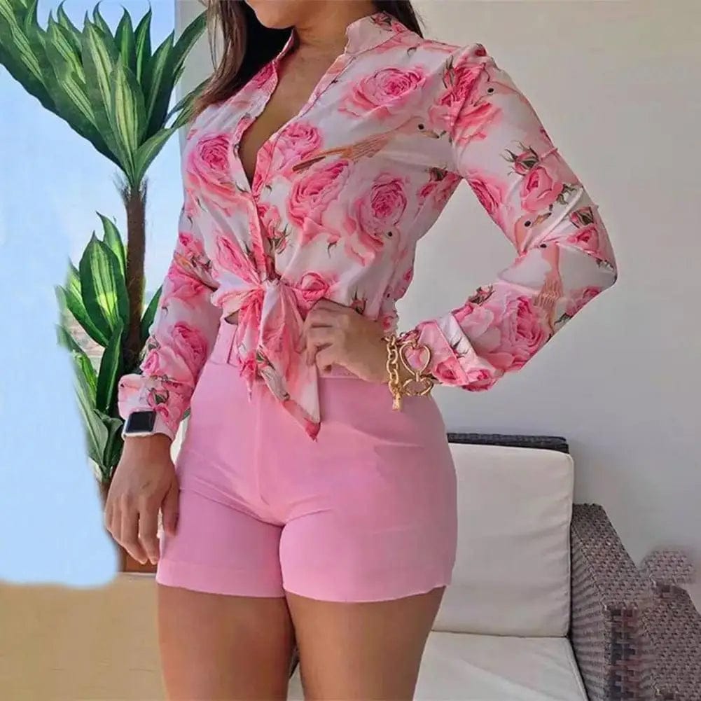 SHOWLU FASHION STORE Women's Shorts Suit Summer Fashion Sexy V Neck Long Sleeve Shirts Slim Wear A Belt Elegant Female Blouse Office Two Piece Set