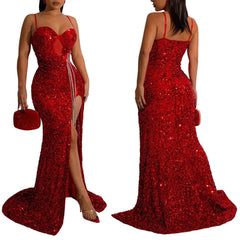 SHOWLU FASHION STORE Women Sexy Solid Color Spaghetti Strap Sequin Design Glitter Floor Length Party Dress