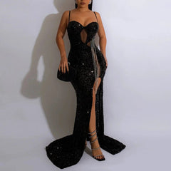 SHOWLU FASHION STORE Women Sexy Solid Color Spaghetti Strap Sequin Design Glitter Floor Length Party Dress