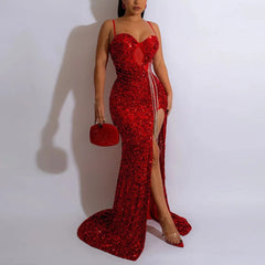 SHOWLU FASHION STORE Women Sexy Solid Color Spaghetti Strap Sequin Design Glitter Floor Length Party Dress