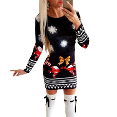  Showlu Fashion Store Women Summer Dress Round Collar Show Thin Selling long-sleeved Christmas Printing Knitting Dresses Casual Vestidos YML00112