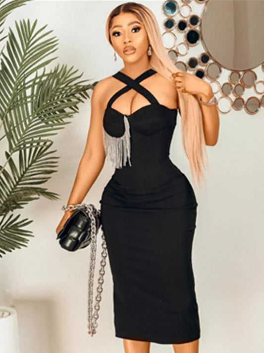  Showlu Fashion Store Women Summer Sexy Key Hole Diamonds Tassel Crystal Midi Black Bodycon Bandage Dress 2023 Elegant Evening Party Dress Vestido