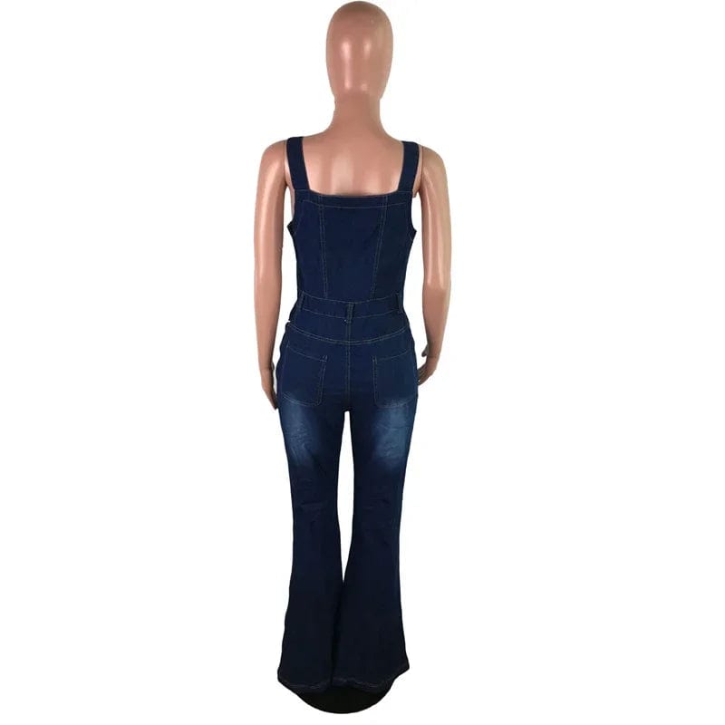  Showlu Fashion Store Women Suspenders Denim Jumpsuit Wide Leg Jeans Sleeveless Button Half-open Rompers Female Fashion Casual One-piece Flared Pants