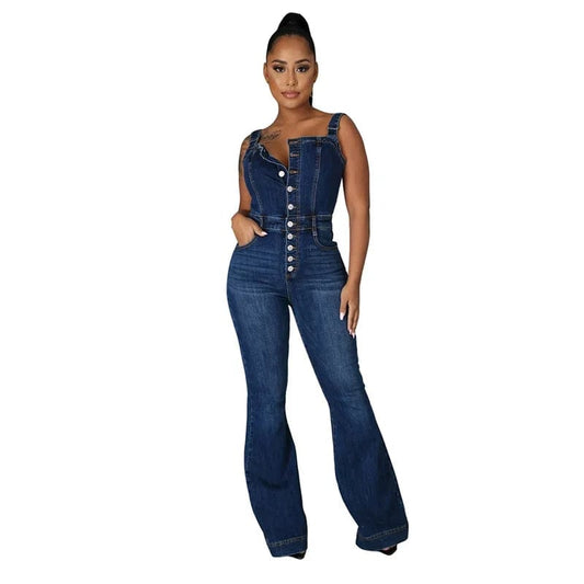  Showlu Fashion Store Women Suspenders Denim Jumpsuit Wide Leg Jeans Sleeveless Button Half-open Rompers Female Fashion Casual One-piece Flared Pants