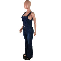  Showlu Fashion Store Women Suspenders Denim Jumpsuit Wide Leg Jeans Sleeveless Button Half-open Rompers Female Fashion Casual One-piece Flared Pants