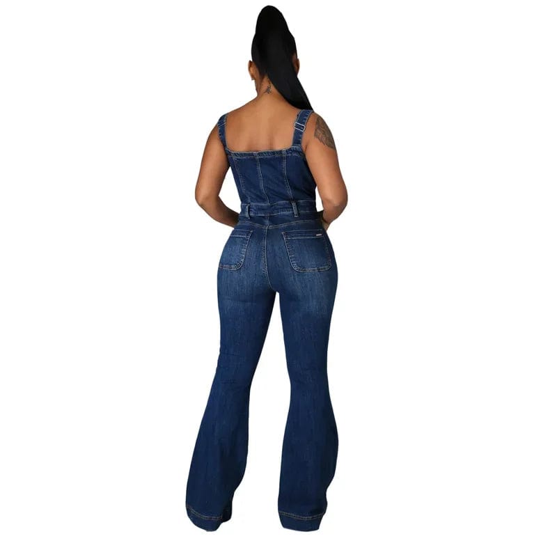  Showlu Fashion Store Women Suspenders Denim Jumpsuit Wide Leg Jeans Sleeveless Button Half-open Rompers Female Fashion Casual One-piece Flared Pants