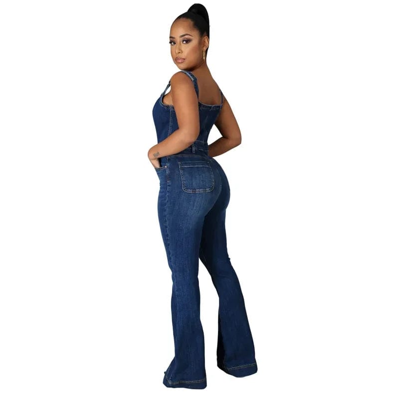  Showlu Fashion Store Women Suspenders Denim Jumpsuit Wide Leg Jeans Sleeveless Button Half-open Rompers Female Fashion Casual One-piece Flared Pants