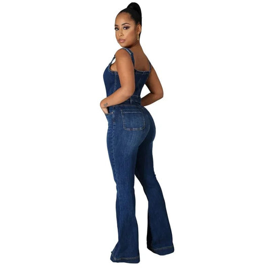  Showlu Fashion Store Women Suspenders Denim Jumpsuit Wide Leg Jeans Sleeveless Button Half-open Rompers Female Fashion Casual One-piece Flared Pants