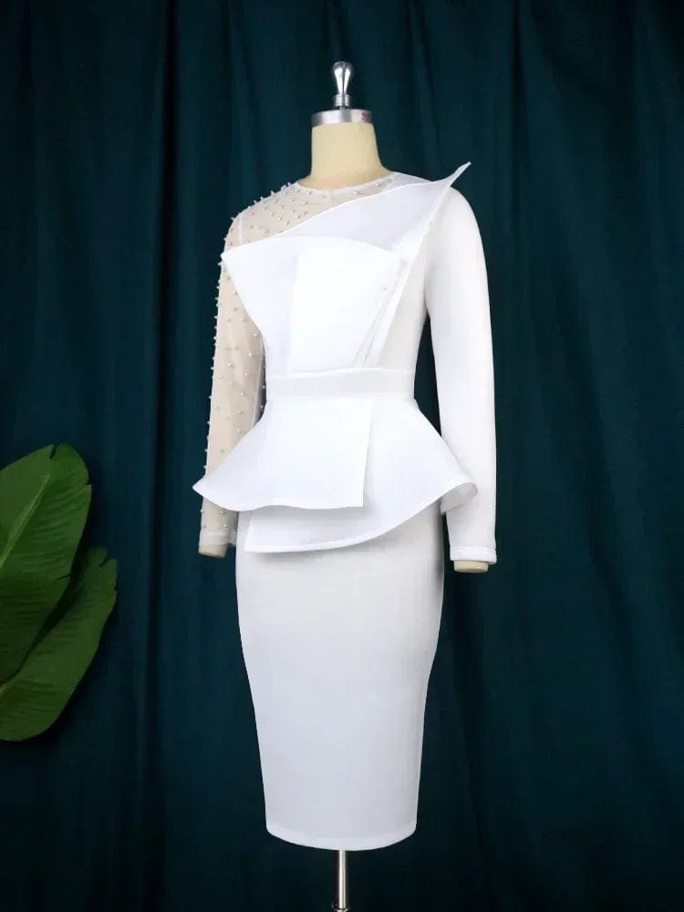 SHOWLU FASHION STORE Women White Party Dress Sexy Long Sleeve Beading Mesh Patchwork Peplum Elegant Knee Length Christmas Event Evening African Gowns