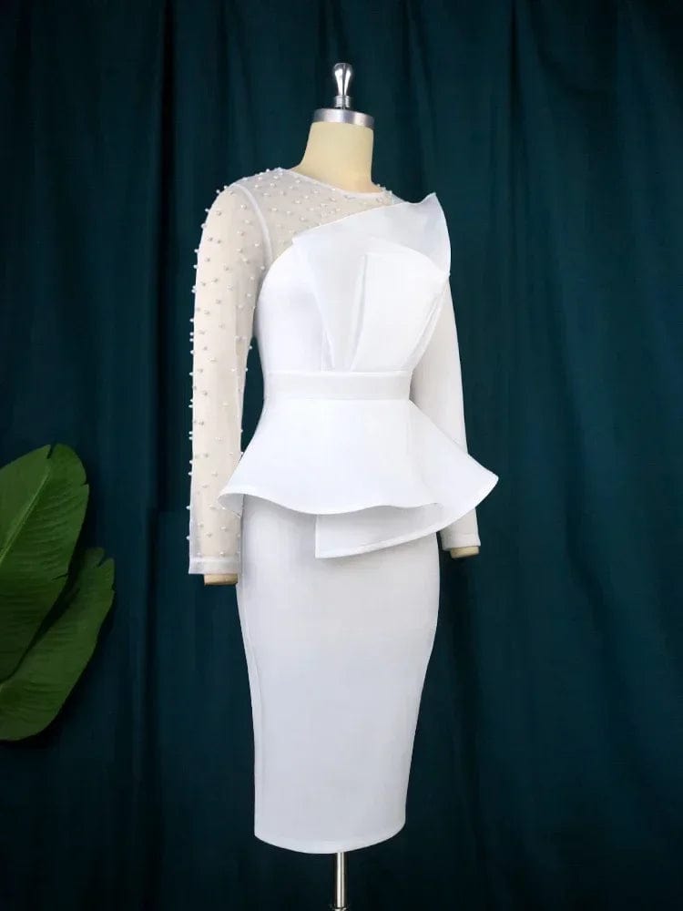 SHOWLU FASHION STORE Women White Party Dress Sexy Long Sleeve Beading Mesh Patchwork Peplum Elegant Knee Length Christmas Event Evening African Gowns