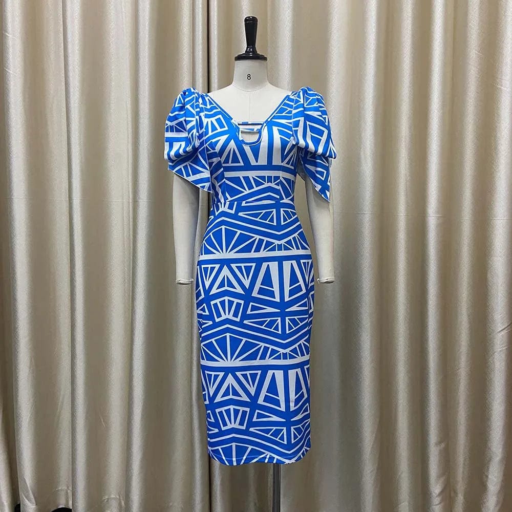 SHOWLU FASHION STORE Work Dress for Women Office Elegant Blue Printed V Neck Bow Sleeve Package Hips Back Split Mid Calf Professional African Dress