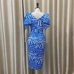 SHOWLU FASHION STORE Work Dress for Women Office Elegant Blue Printed V Neck Bow Sleeve Package Hips Back Split Mid Calf Professional African Dress