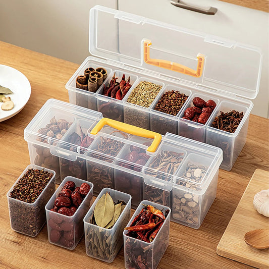  Showlu Fashion Store WORTHBUY 6 Grids Sealed Plastic Storage Box With Handle Portable Large Capacity Spice Storage Container Clear Kitchen Organizer