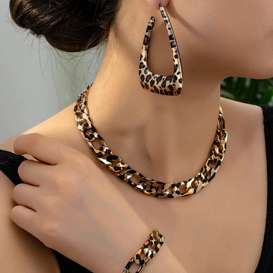  Showlu Fashion Store X589 Simple Fashion Exaggerated Jewelry Set for Women Girls Geometric Leopard Print Earring Necklace Punk Chains Bracelet