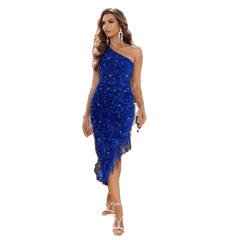  Showlu Fashion Store XL / Blue Fashion Style Fashion Sexy Dress Classic One Shoulder Sequin Tassel Asymmetrical Solid Color Pure Desire Slim Dress Red