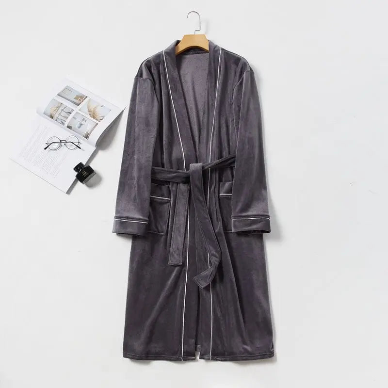 Showlu Men's dark gray fleece nightgown with long sleeves, breathable velour fabric, cozy and skin-friendly for comfortable sleep.