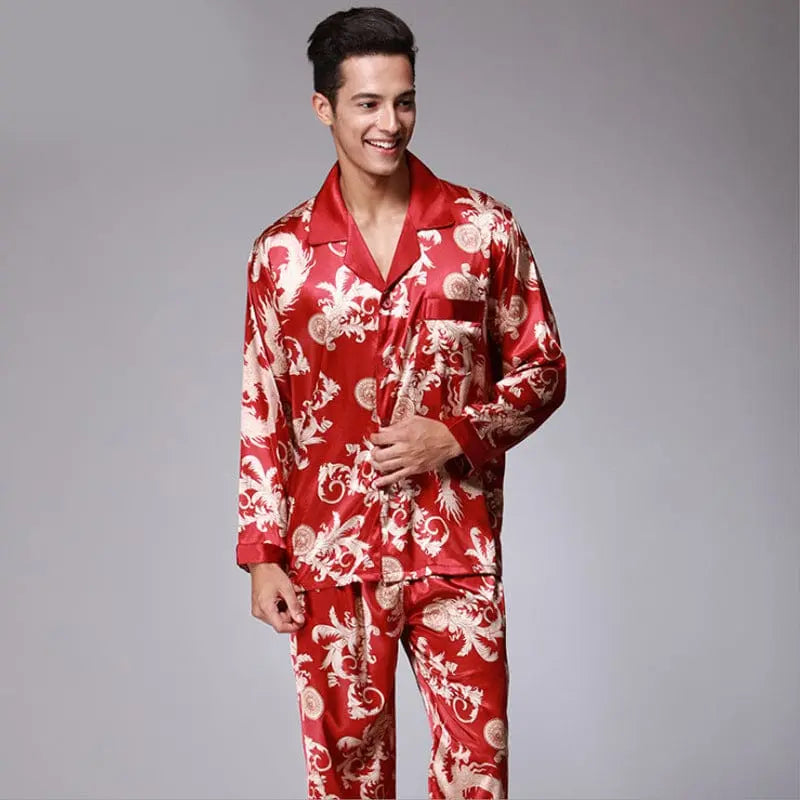 Showlu Fashion men's two-piece long-sleeved cotton pajama set with wine-colored trousers and top, perfect for spring and summer.