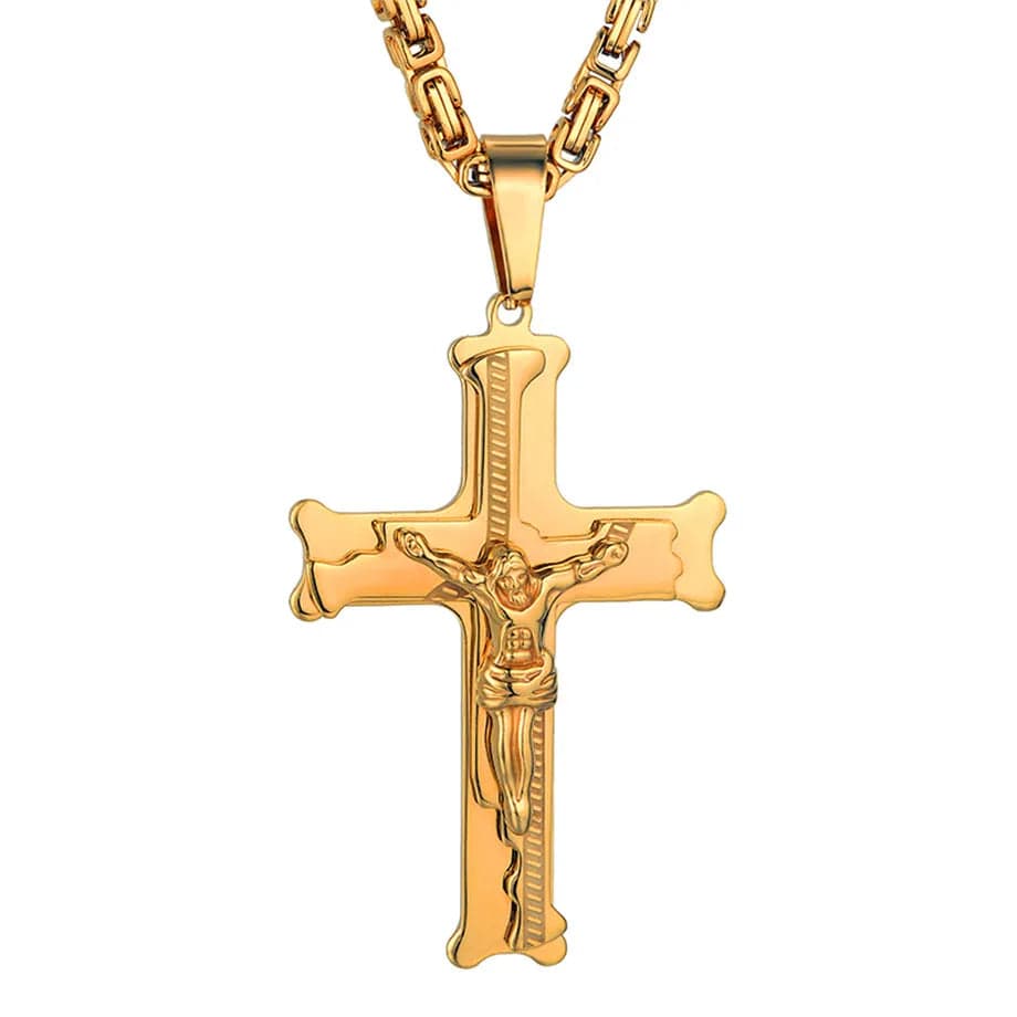  Showlu Fashion Store XL985 Gold Color / 90cm / Gold Color | CHINA Stainless Steel Big Jesus Cross Pendant With Long Chain Men's Gold Color Crucifix Necklaces Male Religious Jewelry Dropshipping