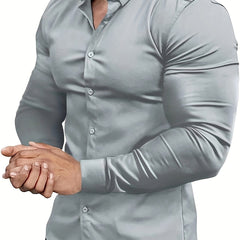 SHOWLU FASHION STORE XS / grey Premium Mens Solid Muscle-Fit Dress Shirt - Comfortable Stretch, Slim Fit, Long Sleeve, Button Down Lapel - Versatile Style for Business & Formal Occasions