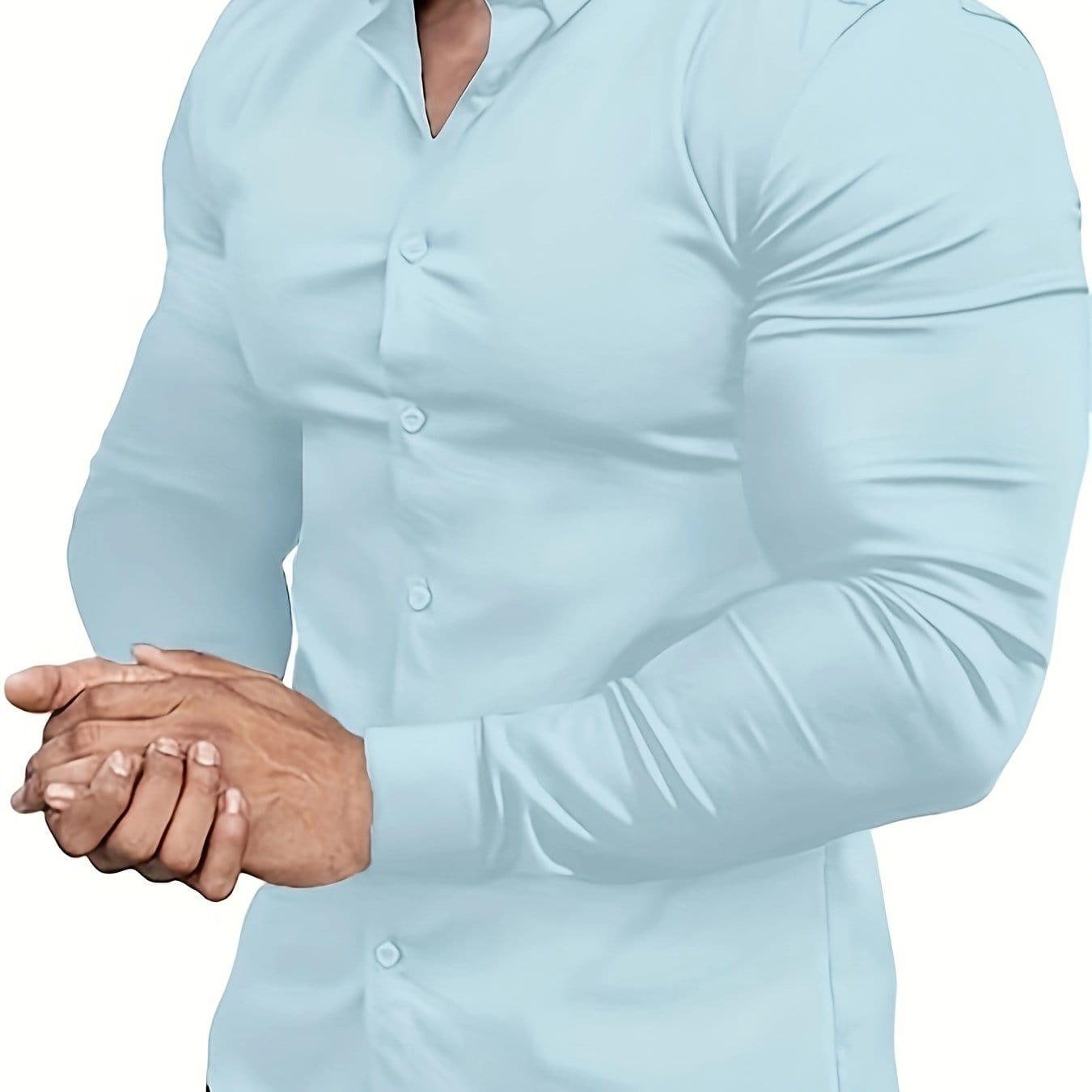 SHOWLU FASHION STORE XS / Light Blue Premium Mens Solid Muscle-Fit Dress Shirt - Comfortable Stretch, Slim Fit, Long Sleeve, Button Down Lapel - Versatile Style for Business & Formal Occasions