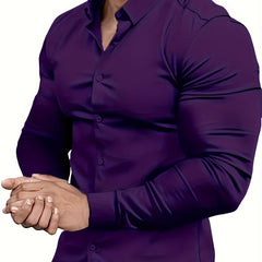 SHOWLU FASHION STORE XS / Purple Premium Mens Solid Muscle-Fit Dress Shirt - Comfortable Stretch, Slim Fit, Long Sleeve, Button Down Lapel - Versatile Style for Business & Formal Occasions