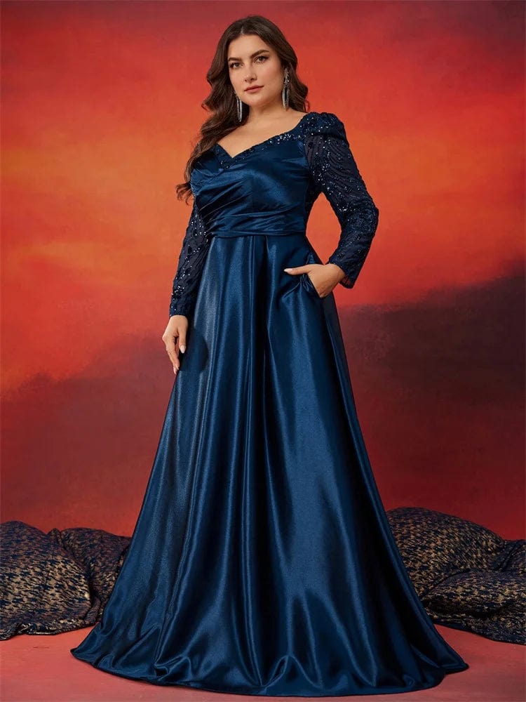 SHOWLU FASHION STORE XUIBOL Plus Size Elegant V-neck Satin Blue Evening Dress Women Long sleeve Sequin Party Prom Floor Lenght Cocktail Dresses