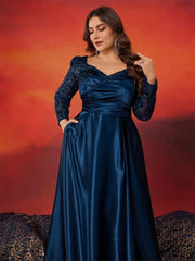 SHOWLU FASHION STORE XUIBOL Plus Size Elegant V-neck Satin Blue Evening Dress Women Long sleeve Sequin Party Prom Floor Lenght Cocktail Dresses