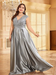 SHOWLU FASHION STORE XUIBOL Plus Size Plus Size Luxury Gold Satin V-Neck Evening Dress Women Satin Wedding Party Prom Floor Lenght Cocktail Dress