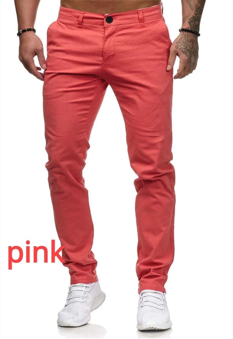  Showlu Fashion Store XXXL / Pink Mens Fashion Casual Simple Skinny Long Trouser Cargo Pants Slim Fit Solid Color Straight Pants