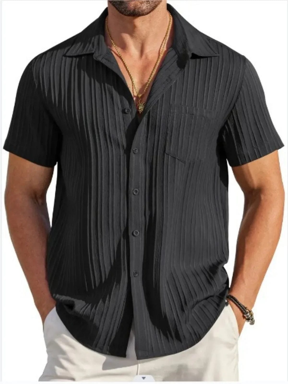 SHOWLU FASHION STORE y-7-black / S Fashion summer menswear Men's fashion striped casual beach shirt short sleeved shirt