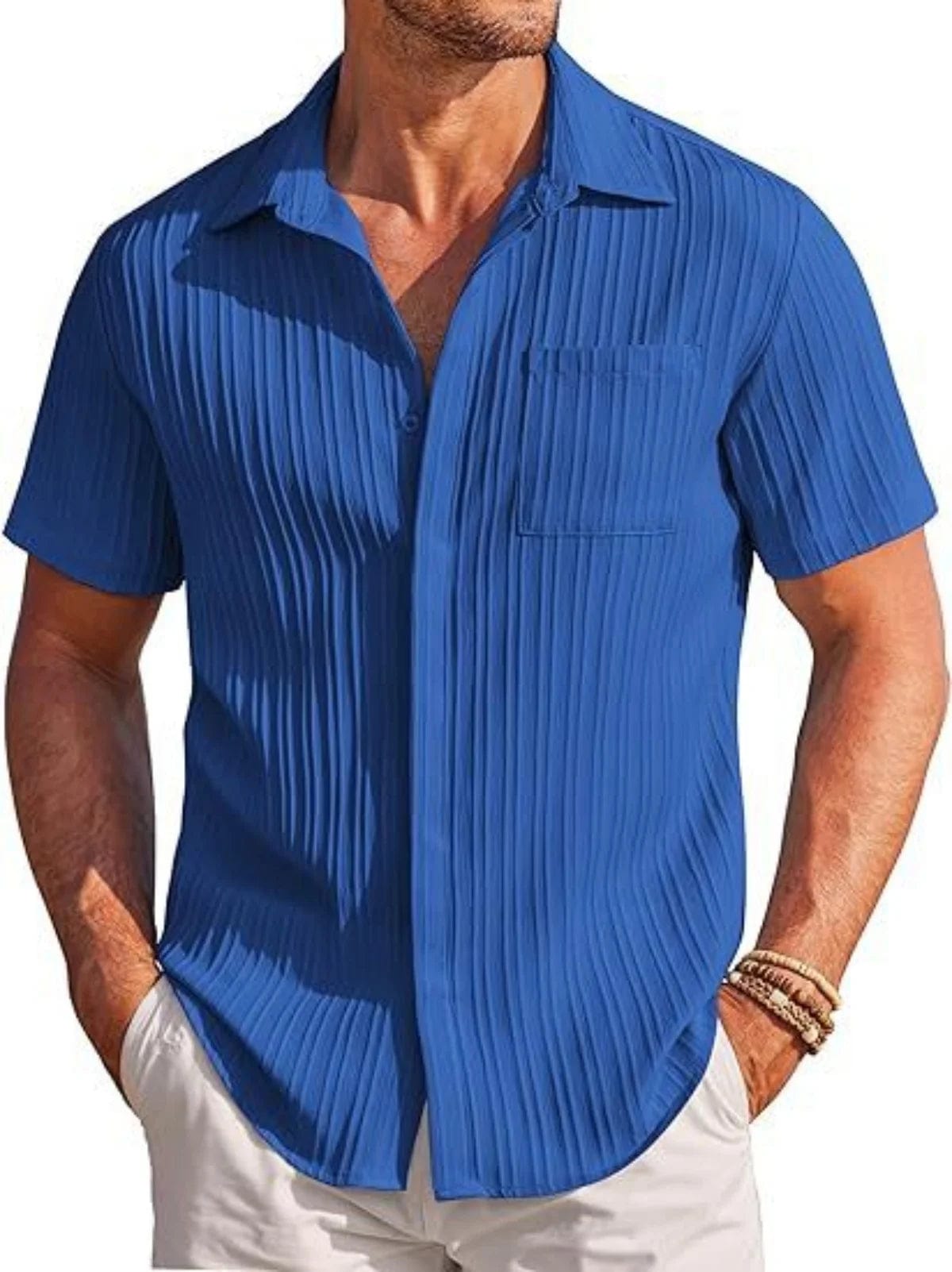 SHOWLU FASHION STORE y-7-blue / S Fashion summer menswear Men's fashion striped casual beach shirt short sleeved shirt